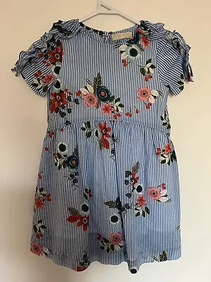 ZARA Kids Blue Striped Floral Dress With Frill Detail - Size 8 • $10.95