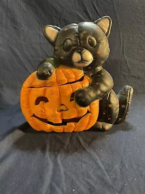 Vintage Ceramic Light Up Halloween Pumpkin Jack O Lantern Cat Table Top Decor • $30