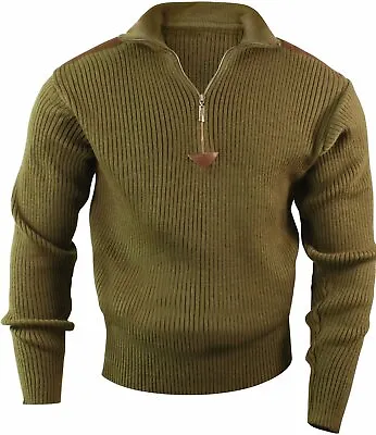 Olive Drab Acrylic Commando Military Quarter Zip Sweater With Suede Patches • $51.99