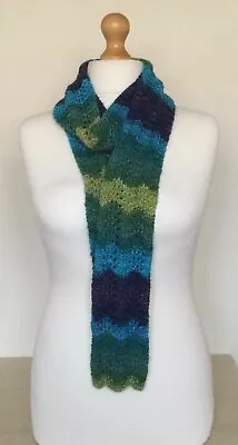 Hand Knitted Feather And Fan Stitch Lacy Scarf - Fair Isle Acrylic/cotton/ Wool  • £12.50