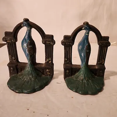 Vintage Art Deco Iron Metal Bookends Painted Peacocks Cut-out 5 3/8  Excellent  • $100