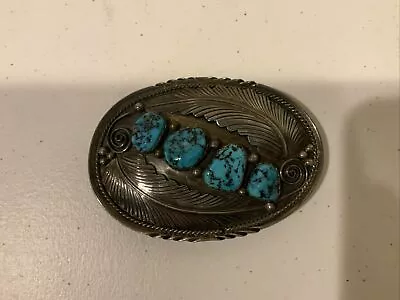 Vintage Silver / Turquoise King Stamped Sterling Silver Belt Buckle • $32