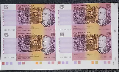 1990  Australia Uncut $5 Dollars Block Of Four Banknote - U04d - UNC - # 31475 • $190