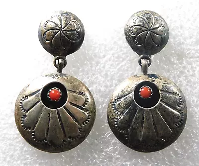 NATIVE AMERICAN STERLING Stamped Domed CORAL HANDMADE Vintage SHADOWBOX EARRINGS • $44.80