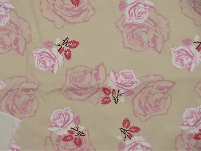 Vintage Polyester Clothing Or Decorators Fabric Pink White Roses On Tan/beige • $7.99