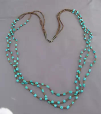 Vintage Long Old Pawn Sterling Triple Strand Heishi Turquoise Nugget Necklace • $129.99