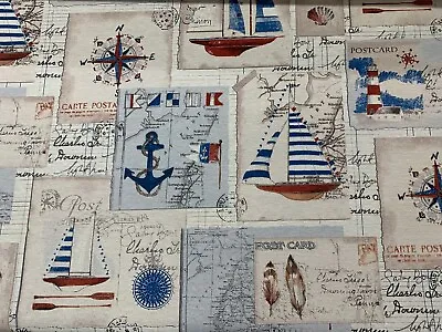 Nautical Maps 'n' Boats Fabric Cotton  Blue Red Curtain Blind Upholstery • £13.99