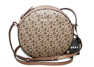 DKNY DONNA KARAN Brown Signature Print Round Canteen Crossbody Faux Leather • $75.54