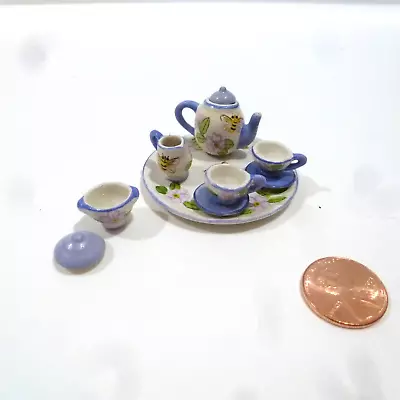 Dollhouse Miniature Tea Set With Floral Design Trimmed In Blue • $8.95