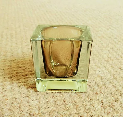 £9.75 • Buy 3  TALL X 3.25  WIDE LIGHT BROWN & CLEAR, NEAR CUBE-SHAPED, 797g GLASS VASE, VGC