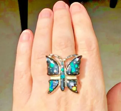 Large Monarch Butterfly Wings Gemstone Blue Opal Ring Sterling Silver 8.25 Lady • $159