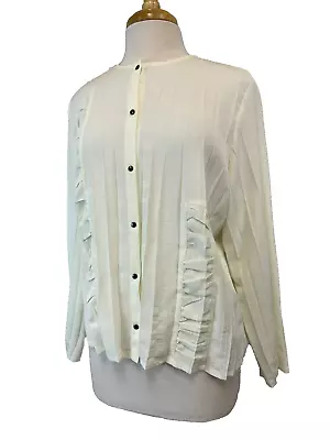 Babette Ivory Pleated Blouse Collarless Snap Closure Long Sleeves Semi Sheer L • $29.99