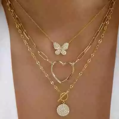 Multi-Layer Butterfly Heart Necklace Trendy Chunky Women Fashion Jewelry 12-10 • $13.95