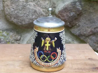 Vintage German Olympic Beer Stein ~ 1972 Olympiade Munchen ~ Flat Top Pewter Lid • $29.50