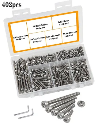 402pcs M3 Hexagon Socket Cap Head Screws Allen Bolt Nut Set A2 Stainless Steel • £10.07