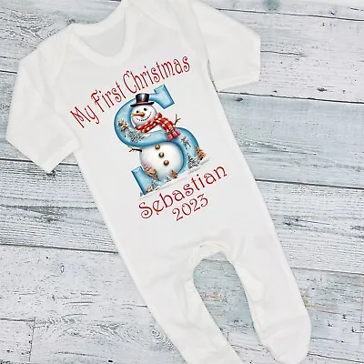 Personalised First Christmas Snowman 2024 Alphabet Baby Bib Vest Grow T-Shirt • £6.99