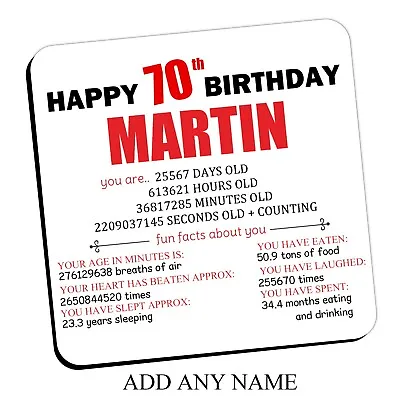 Personalised Happy 70th Birthday Drinks Coaster For Him Her Any Name N53 • £3.50