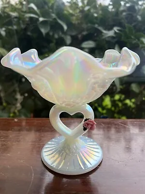 Fenton Iridescent Milk Glass Heart Pedestal Ruffled Candy Bowl 5  Tall Vintage  • $18