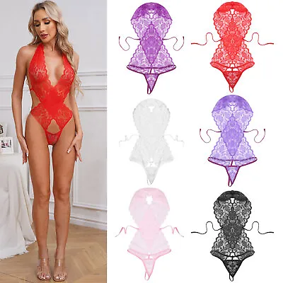 Womens Bodysuit Sleepwear Catsuit Sexy Jumpsuit Lace Floral Mesh Lingerie Sheer • £7.07