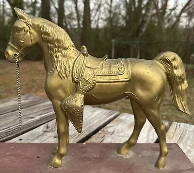 Vintage Brass Colored Forged Metal Horse Statue Figure Standing~12”~Nice! • $29.99