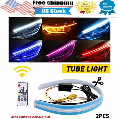 2x 60CM RGB Slim Sequential Flexible LED DRL Turn Signal Strip Remote Headlight • $14.49