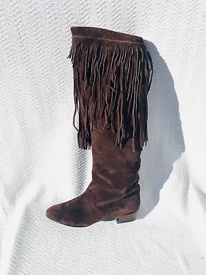 Charles Jourdan Women Vtg. France Chocolate Brown Pull On Fringed Boots 7.5 Boho • $200