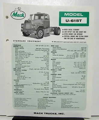 1965 Mack Truck Model U 615T Specification Sheet. • $12.70