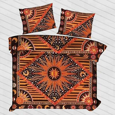 Burning Sun Moon Print Hippie Gypsy Indian Cotton Quilt Duvet Cover Bedding Set • $49.19