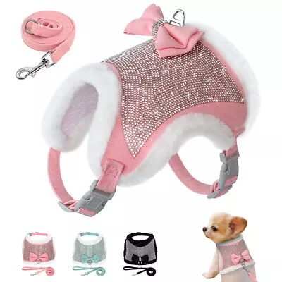 £15.59 • Buy Bling Rhinestone Dog Cat Harness With Bowtie Pet Puppy Fleece Vest Coat Lead Set