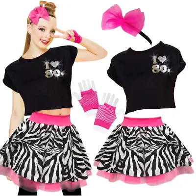 Womens 80's TOP SKIRT Fancy Dress Costume NEON ZEBRA Skirt Or TOP UK ALL SIZES • £10.99