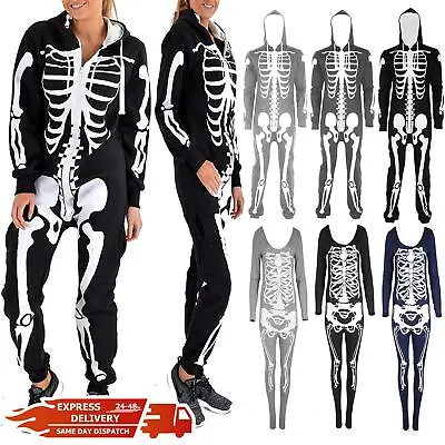 Womens Skeleton Costume Halloween Scary All In One Hooded Ladies Zip Up Jumpsuit • £16.49