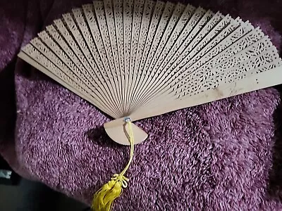 Vtg Chinese Sandalwood Scroll Work Folding 30 Blade Hand Fan With Box Yellow B11 • $15