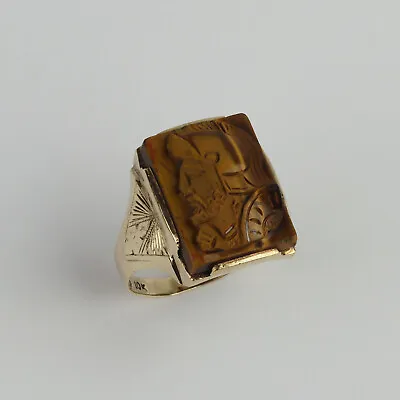 Vintage 10k Yellow Gold Tigers Eye Unisex Intaglio Cameo Ring Size 7 • $224.99