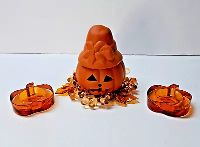 Terracotta Jack O Lantern Candle Holder 5 H Two Pumpkin Tealights & Candle Ring • $42.81