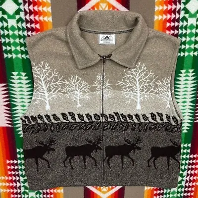 Vintage Black Mountain Outdoor Vest XL — Brown Nature Moose Elk Deer Zip Fleece • $17.60