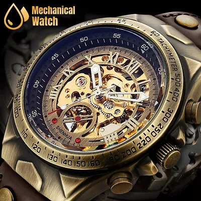 Luxury Men's Automatic Mechanical Wrist Watch Leather Strap Retro Skeleton Dial • $22