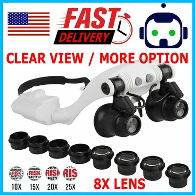 $9.95 • Buy Headband Head Magnifier 8 Lens LED Light Jeweler Watch Loupe Magnifying Glasses