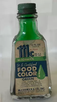 Vintage 1947 McCormick & Co. Green FOOD COLOR .5oz Bottle BALTIMORE MD • $11.24