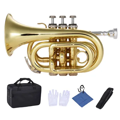Mini Pocket Trumpet Bb Flat Brass Wind Instrument W/ Mouthpiece Carry Case G9R6 • $127.79