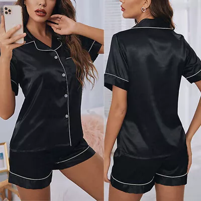 Women Satin Pyjamas Set Ladies Button Nightwear PJs Silk Short Sleeve Sleepwear • £8.49