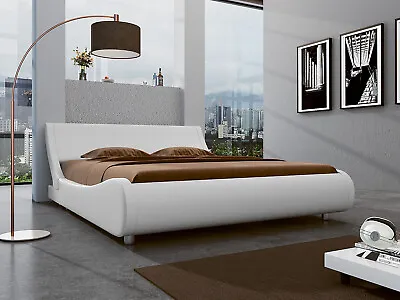 King Size Leather Low Profile Sleigh Platform Bed Frame With HeadboardWhite • $272.99