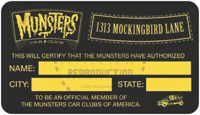 Munsters Car Club Membership Card • $3.99