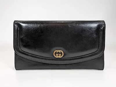 Vintage Gucci Clutch Second Bag Black Leather Gold Interlocking G Authentic • $238.99