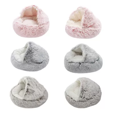 Hooded Pet Dog Cat Bed Cave House Round Plush Fluffy Cat Beds Donut Nest 60/50cm • £10.95