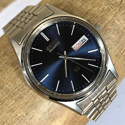 Vintage Seiko SQ Mens Day Date Silver Tone 5H23-7000 Blue Dial Quartz Watch • $129.95