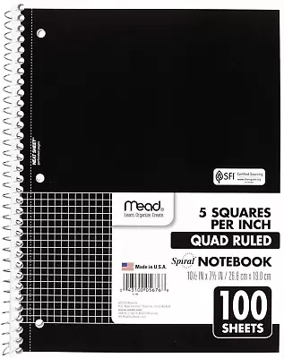 Spiral Notebook 1-Subject Graph Ruled Paper 7-1/2  X 10-1/2  100 Sheets Bla • $11.25