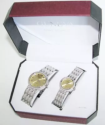 Geneva Classic Silver Tone Textured+gold Dial 2two Piece His+her Watch Set+box • $63.09