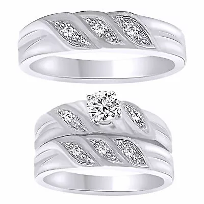 Bride & Groom Matching Wedding Band Trio Set Sterling Silver 925 • $296.48