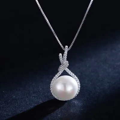 925 Sterling Silver Crystal Pearl Drop Pendant Necklace Womens Love Jewellery UK • £3.49