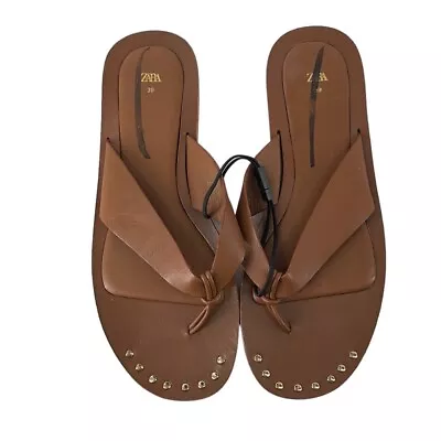 Zara Leather Sandal Flat Thong Brown Studded Sz 8 • $65